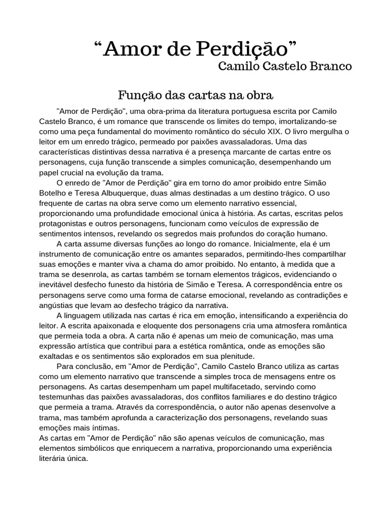 Cartas e Emoções em "Amor de Perdição" | PDF | Amor | Narrativa