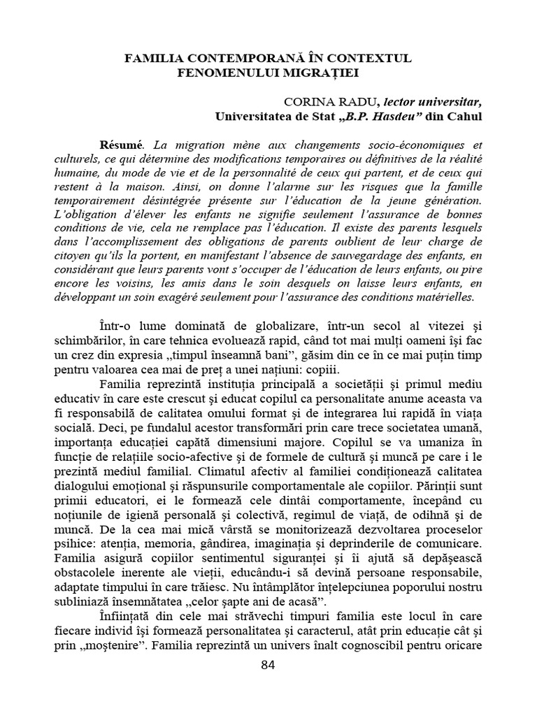 Familia Contemporană În Contextul Fenomenului Migraţiei | PDF