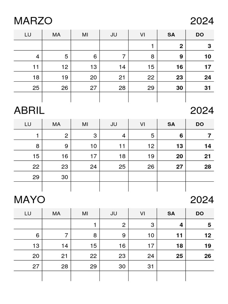 Calendario Marzo Abril Mayo 2024 | PDF