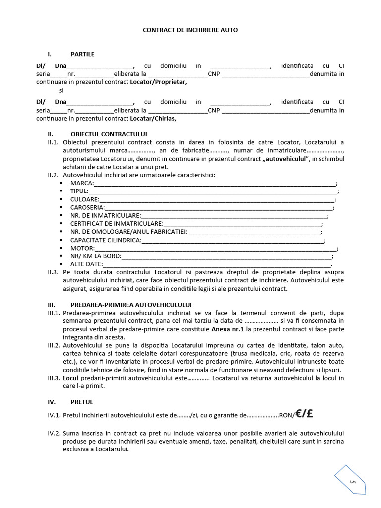 Contract de Inchiriere AUTO | PDF