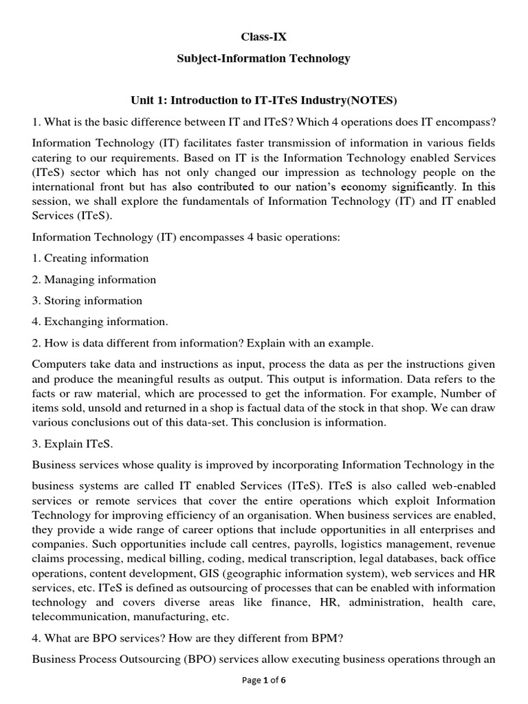 Introduction to it and ites indudtries notes pdf educational