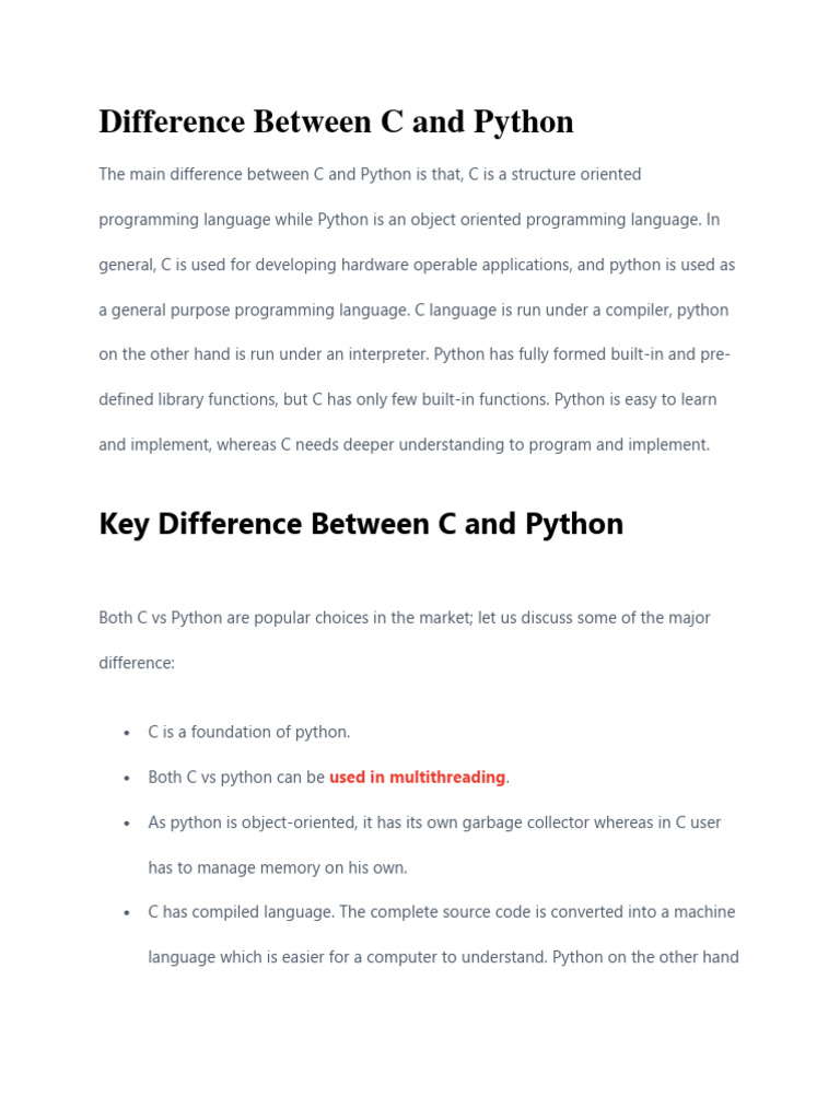 Key Difference Between C and Python | PDF | Python (Programming ...