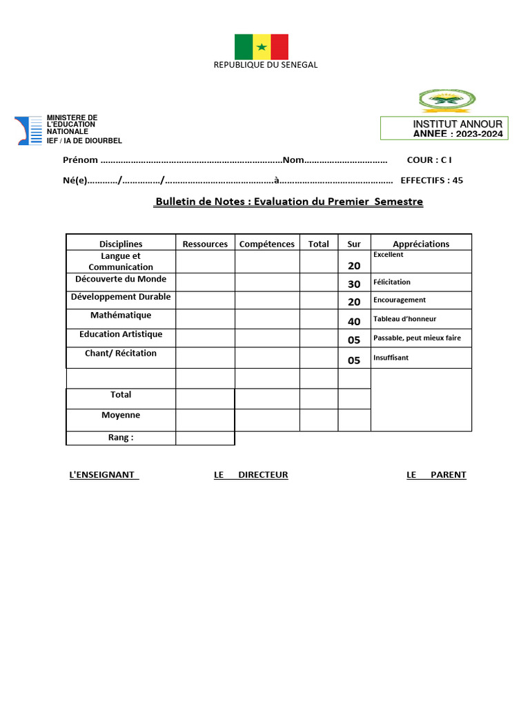 Bulletin de Notes Premier Semestre 2024 | PDF