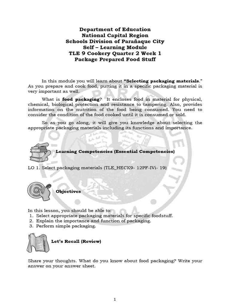 TLE9CookeryWeek1 PDF Packaging And Labeling Plastic