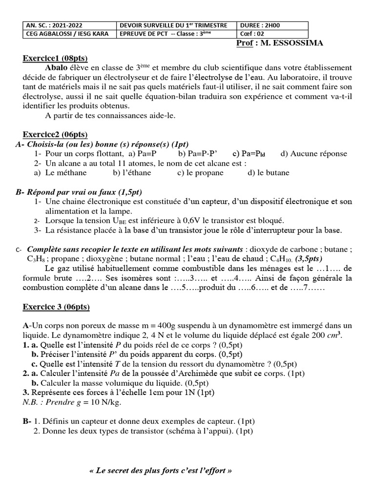 Épreuve de PCT 3ème - 1er Trimestre | PDF | Poids | Gaz