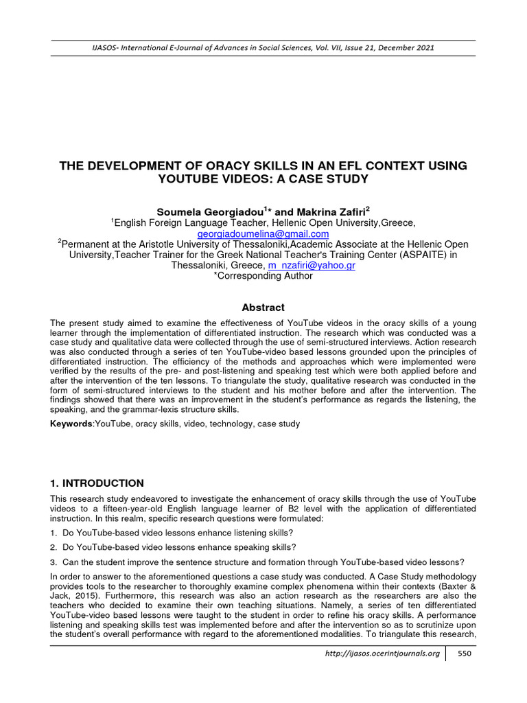 The development of oracy skills in an efl context using youtube videos