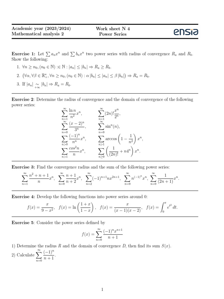 Worksheet Power Series | PDF | Power Series | Mathematical Relations