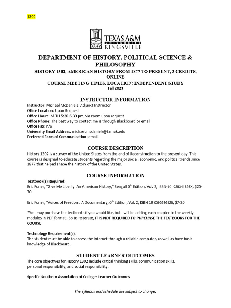 Tamuk 1302 fall 23 online syllabus pdf academic dishonesty sexual