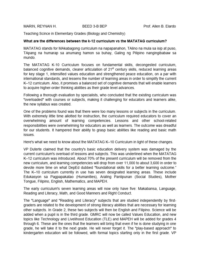 Comparing K-12 and MATATAG Curricula | PDF | Curriculum | Sustainability
