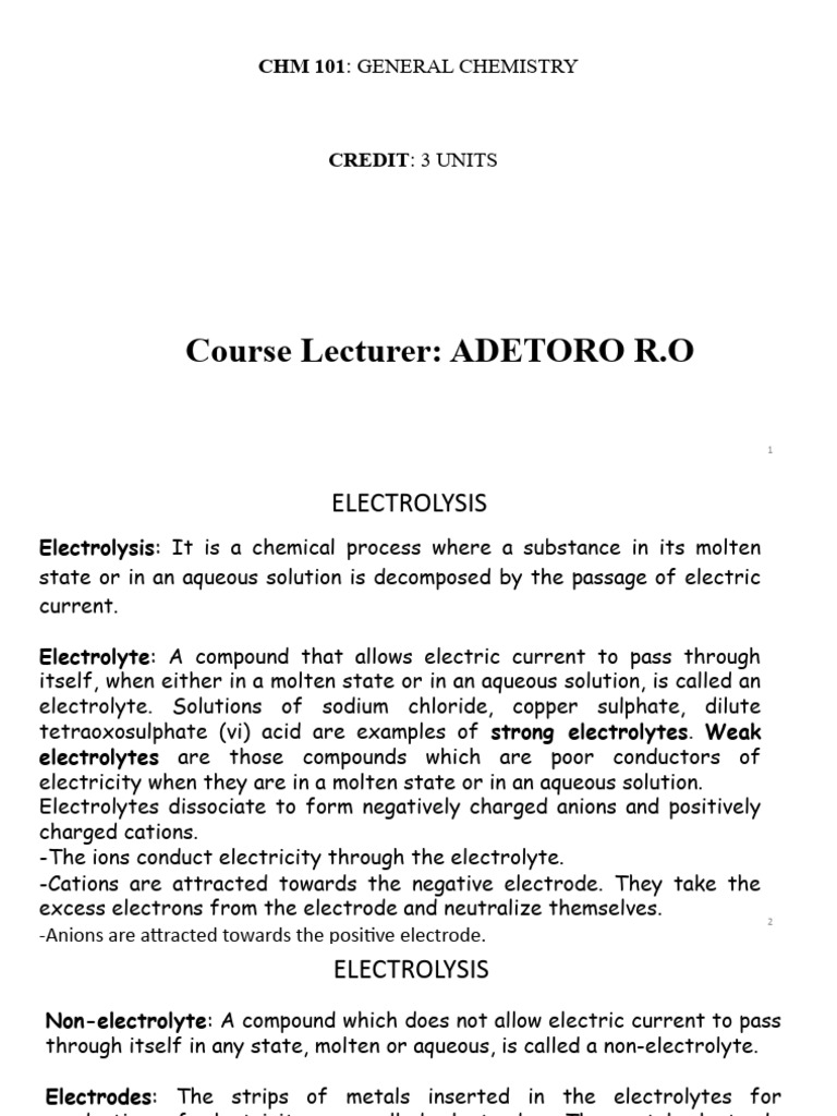 Chm 101 Material On Electrolysis Download Free Pdf Electrolyte Anode