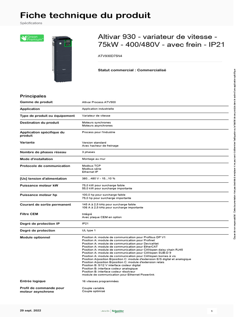 Variateur de Vitesse Altivar 930 75kW | PDF | Électrotechnique