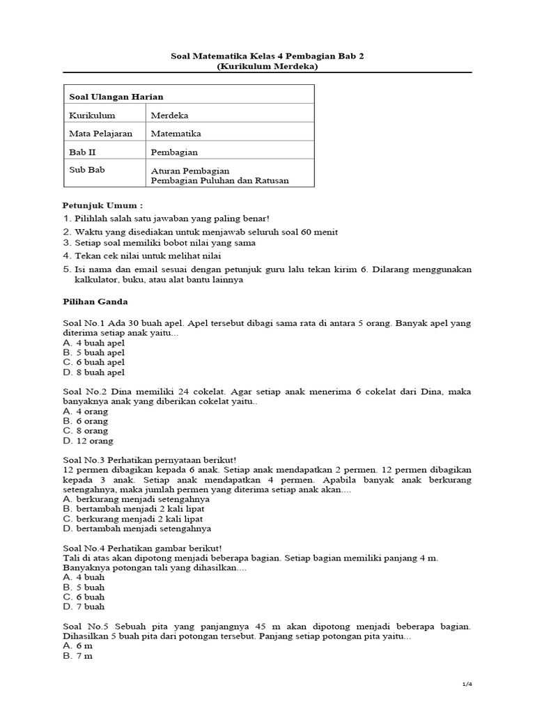 Soal Matematika Kelas 4 Bab 2 Pembagian | PDF