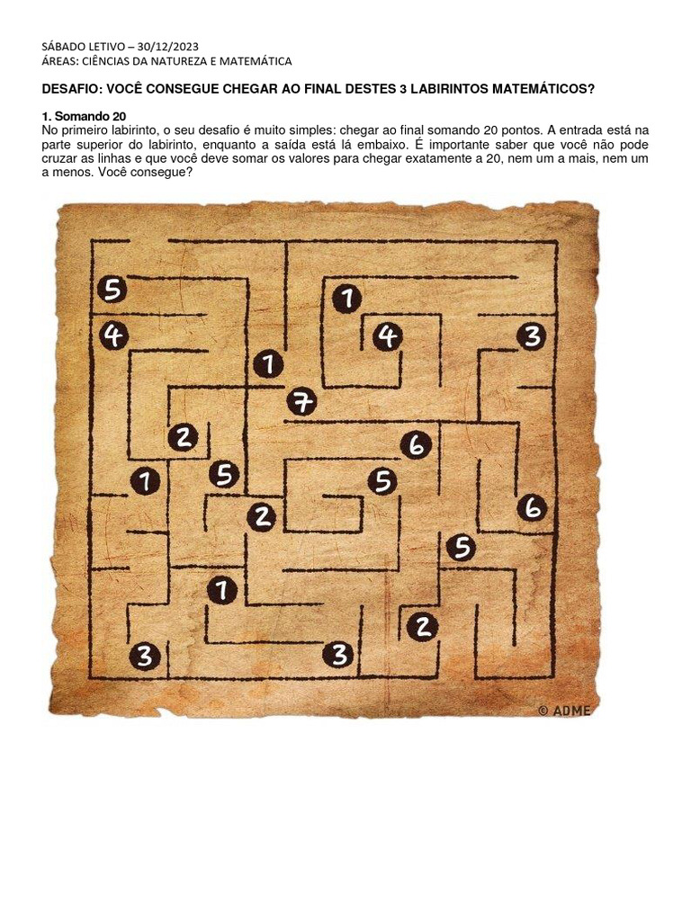 Labirintos Matemáticos para Desafio | PDF | Métodos e Materiais de Ensino