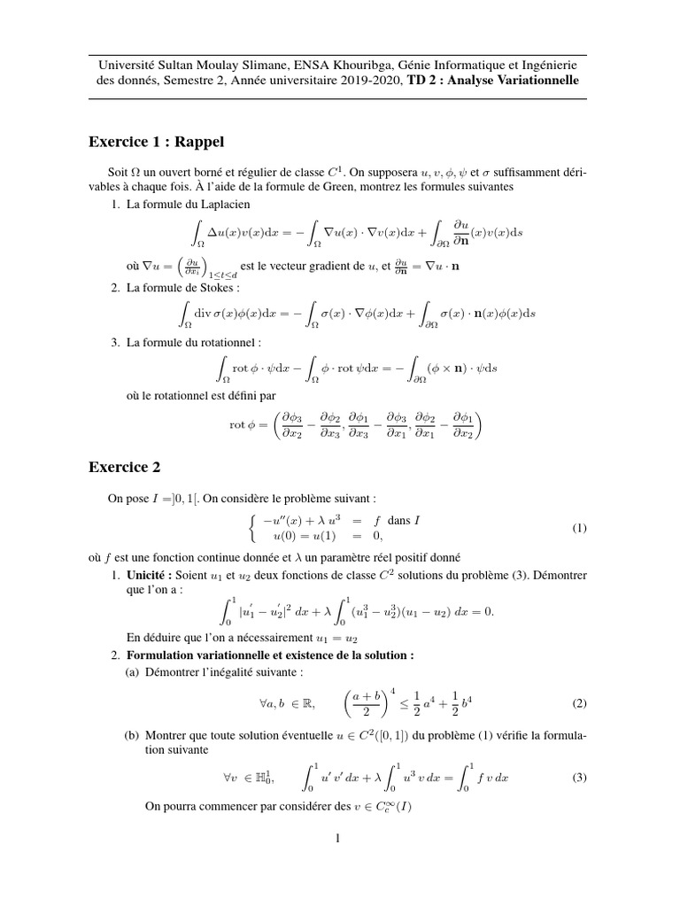 Exercices corrigés sur la formulation variationnelle | PDF | Calcul des ...