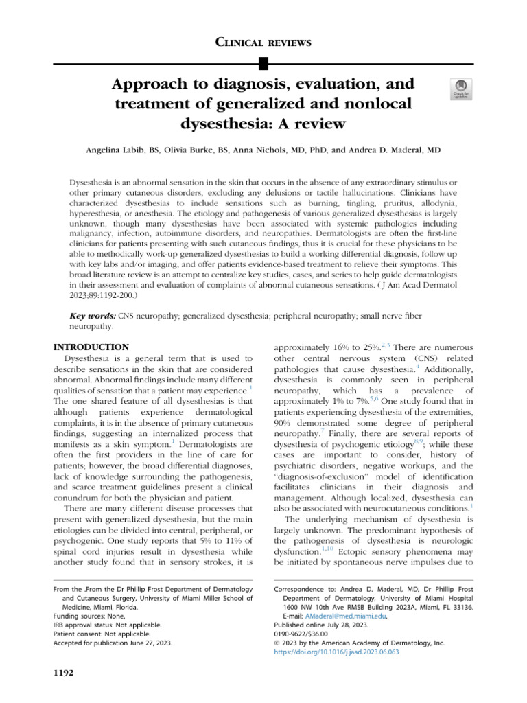 JAAD Review of Generalized and Nonlocal Dysesthesia PDF