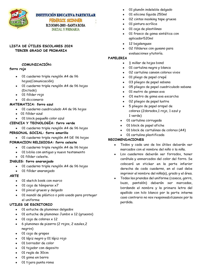 Lista de Útiles 3er Grado Primaria 2024 | PDF | Materiales de ...