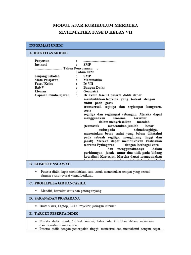 Modul Ajar Matematika Kelas 7 Fase D | PDF