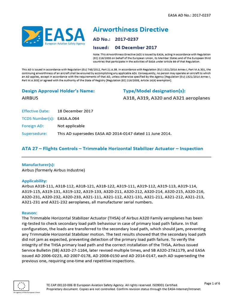EASA AD 2017-0237: THSA Inspection Requirements | PDF | Transport ...