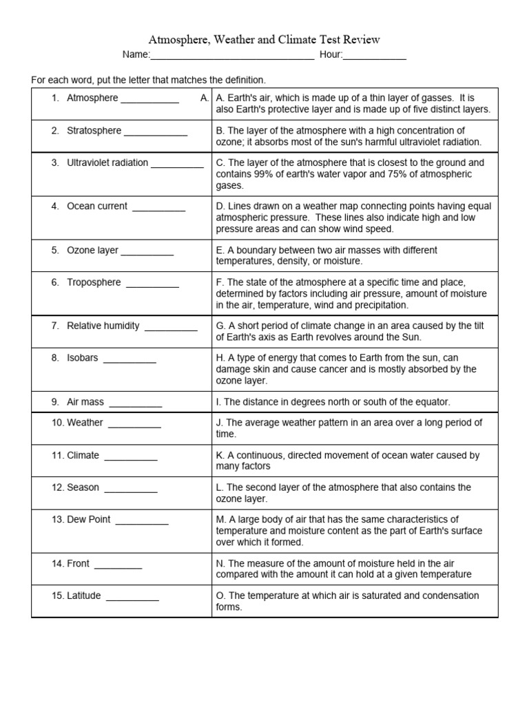 Atmosphere, Weather and Climate Test Review PDF Atmosphere Of Earth
