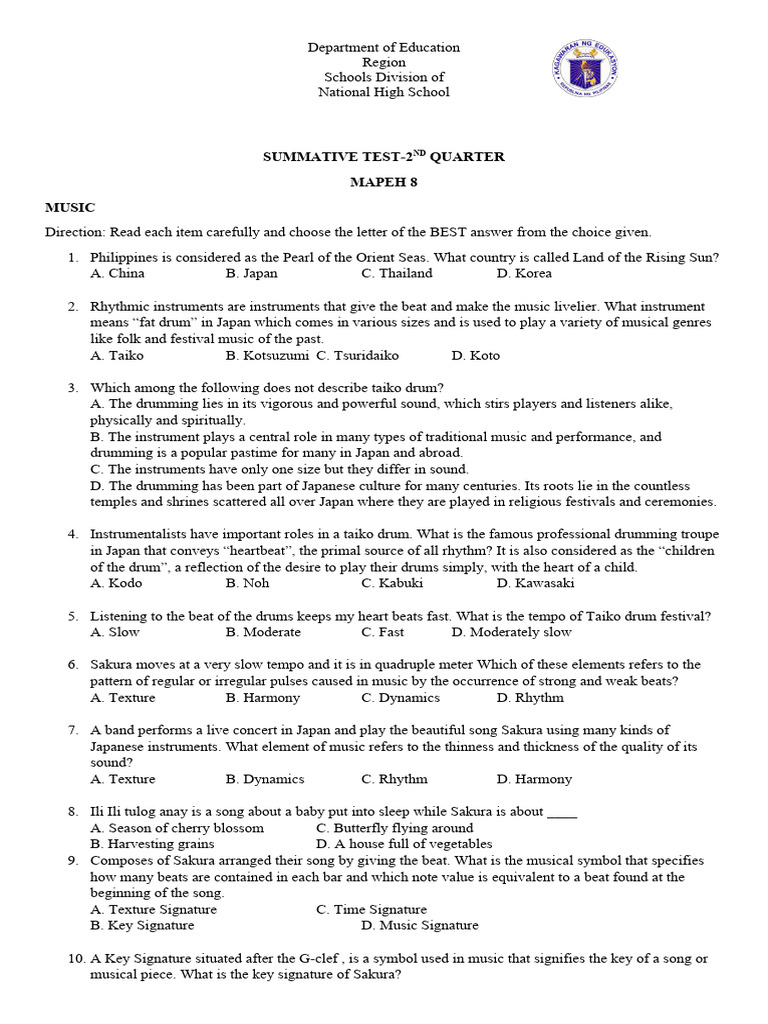 MAPEH 8 Summative Test: Music & Arts | PDF | Musical Instruments ...