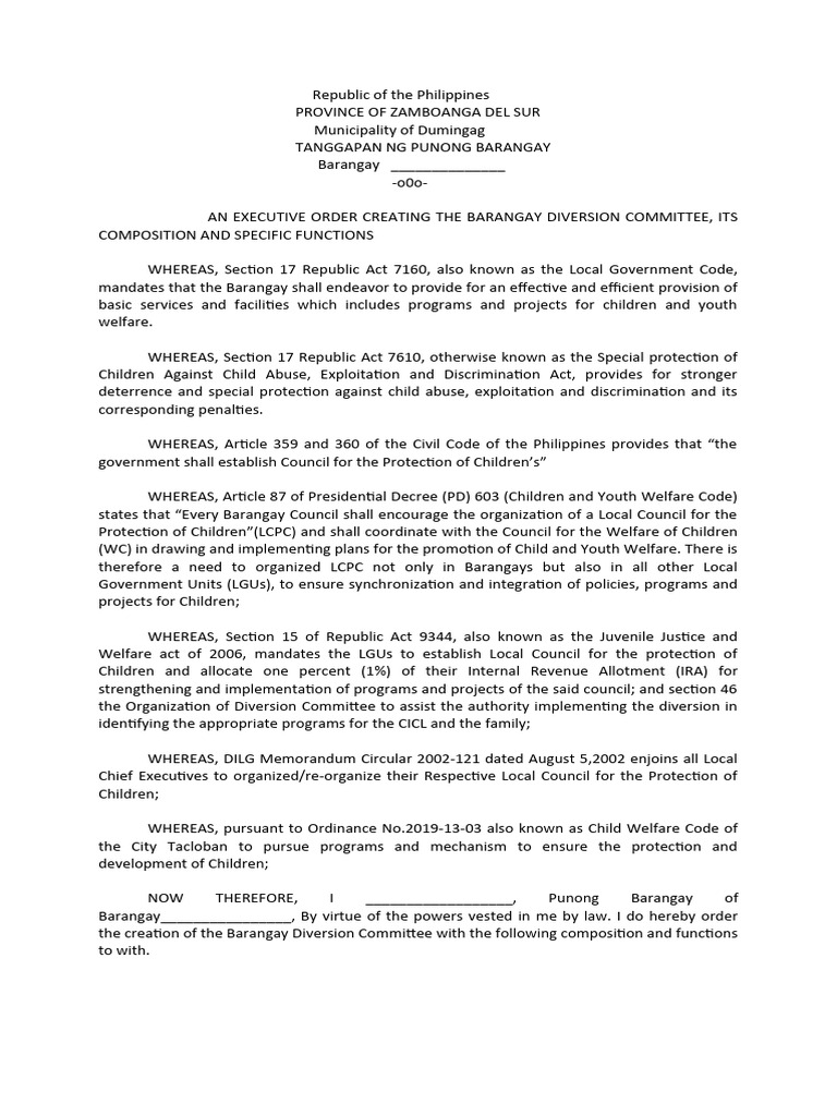 Barangay Diversion Committee Executive Order | PDF | Justice | Crime ...