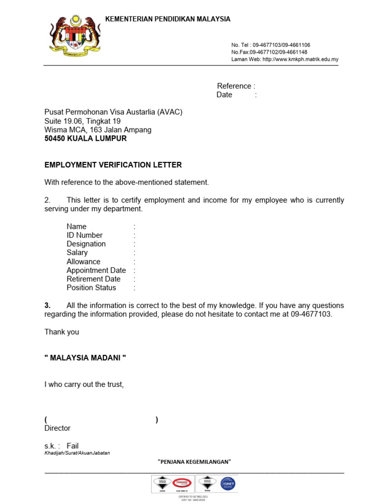 Employment verification letter untuk visa ke australia pdf