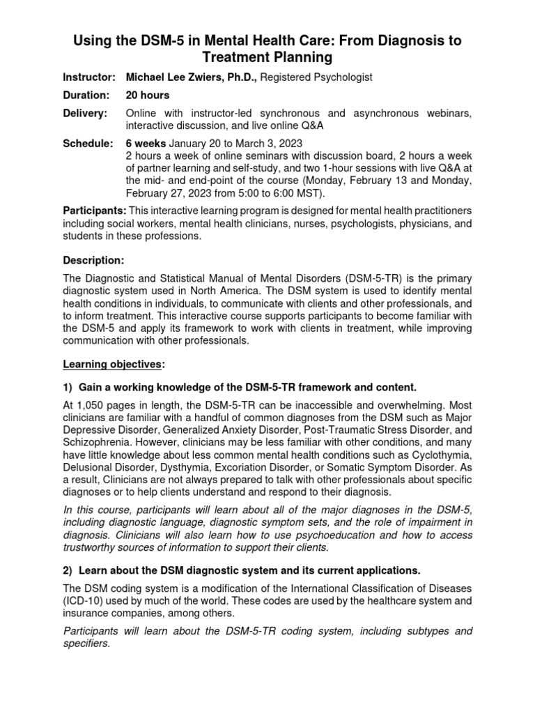 1d Using The DSM-5 in Mental Health Care - Course Overview 2023 FSW 111 ...