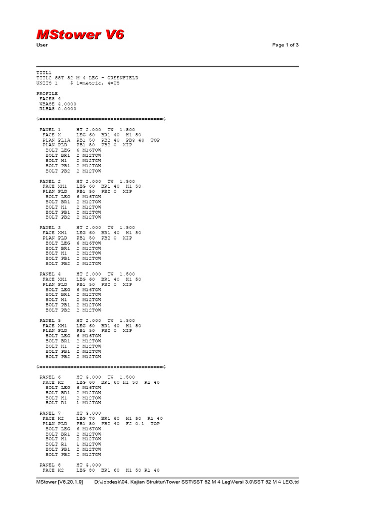 Analisa Tower - SST 52 M 4 LEG - Greenfield - [Rev.00] | PDF