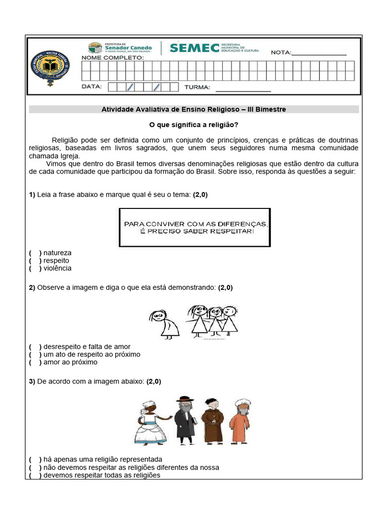 Ativ. Avaliativa de Ensino Religioso - 3º Ano | PDF
