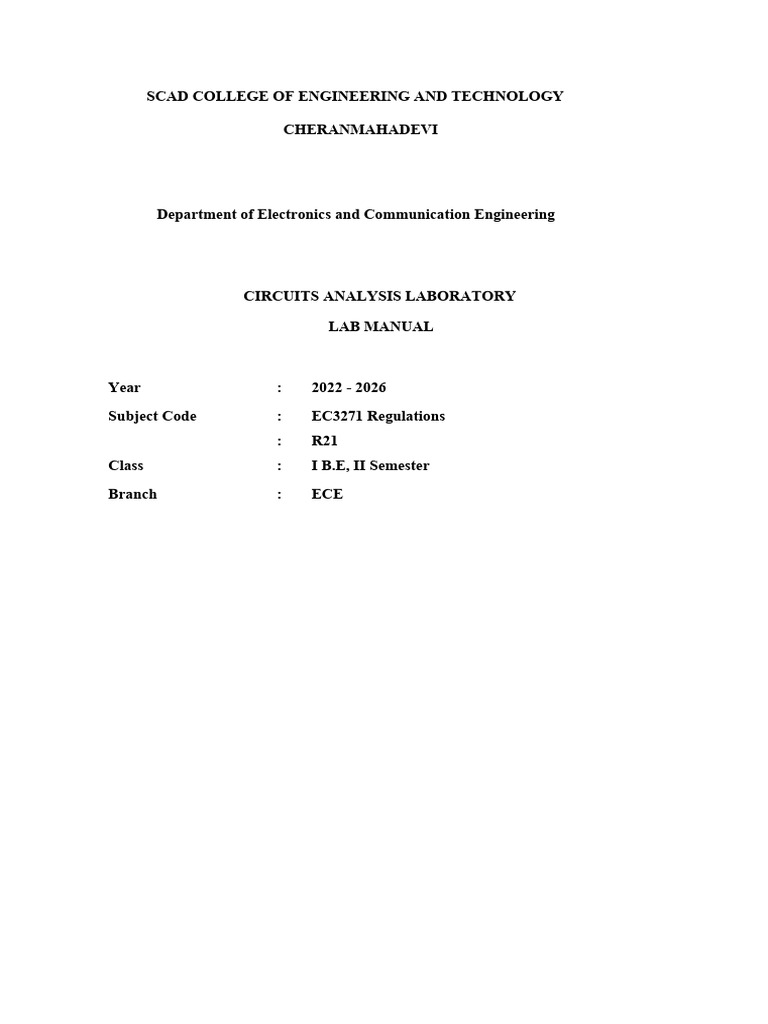 Circuit Analysis Laboratory Manual PDF Resonance Electrical Network