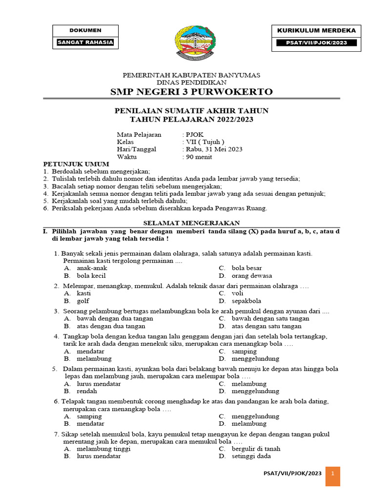 FORMAT SOAL PSAT 2223 PJOK 7 (Verifikasi) | PDF