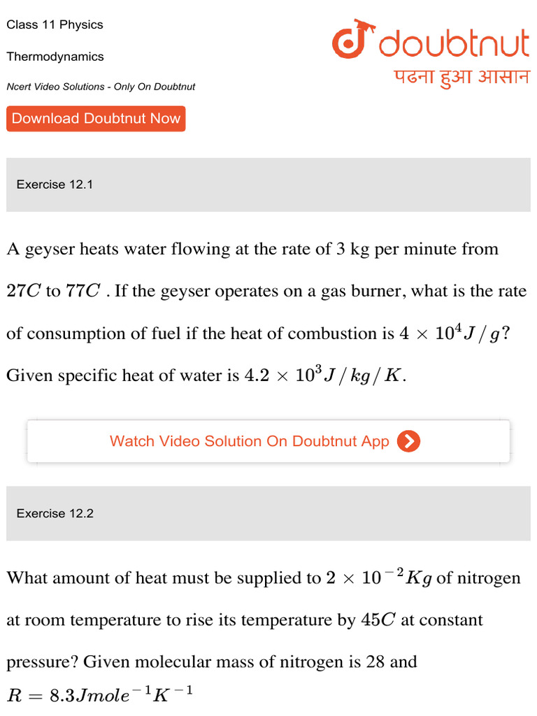 Class 11 Thermodynamics Exercises | PDF | Gases | Heat