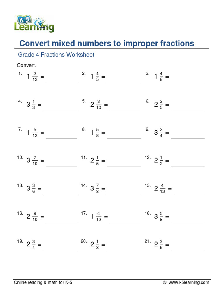 Grade 4 Mixed Numbers To Improper Fractions C | PDF | Signal Processing