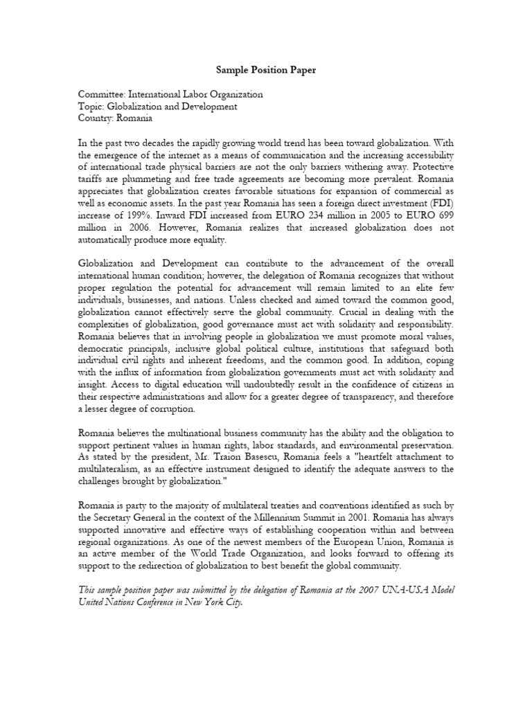 Sample Position Paper | PDF | Globalization | Romania
