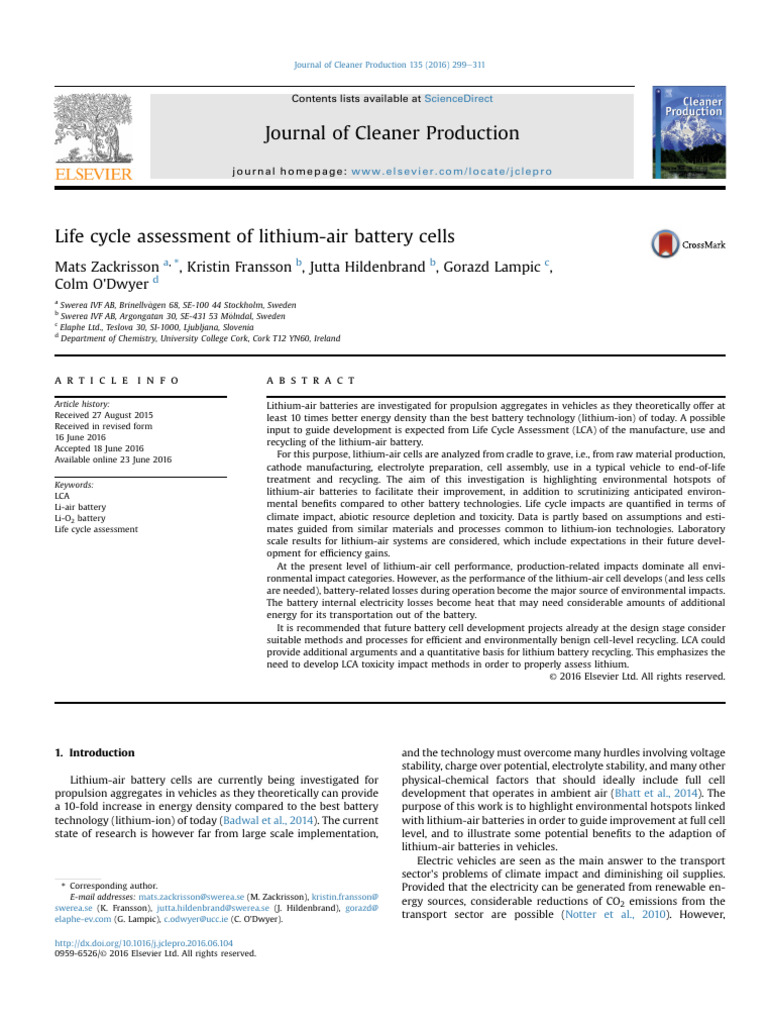Life Cycle Assessment of Lithium Air Battery - 2016 - Journal of ...