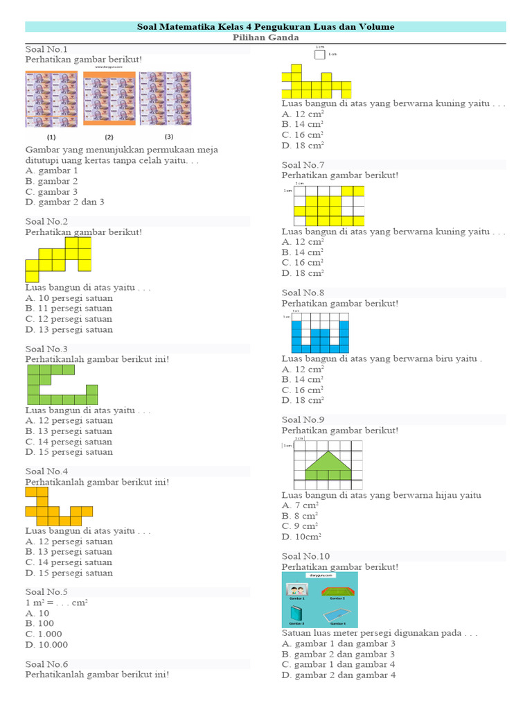Soal Pengukuran Luas dan Volume Kelas 4 | PDF