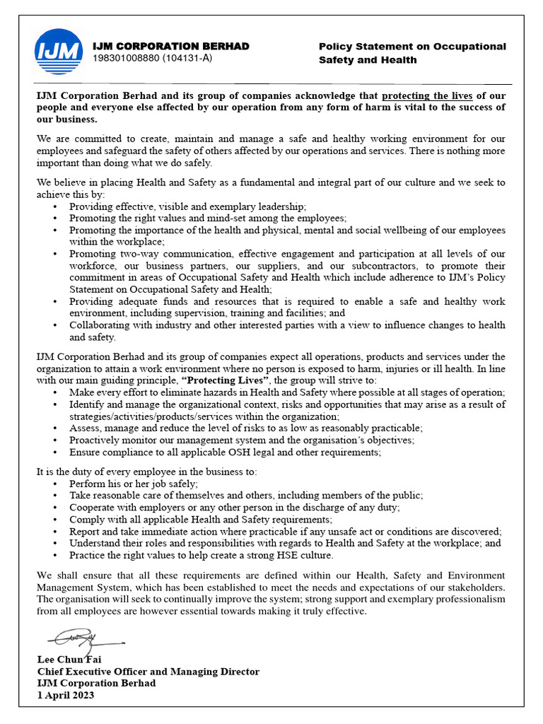 IJM Occupational Safety Policy Statement | PDF | Occupational Safety ...
