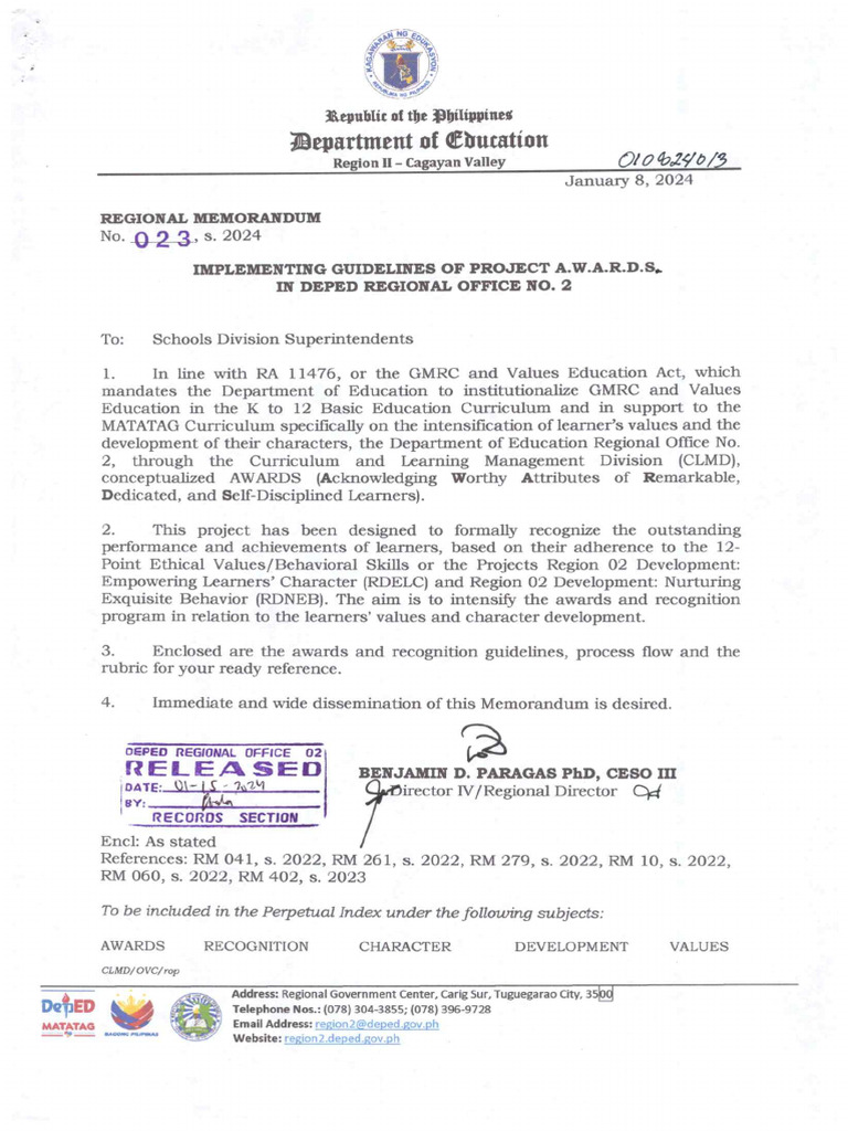 Regional memorandum no 023 s 2024 implementing guidelines of project