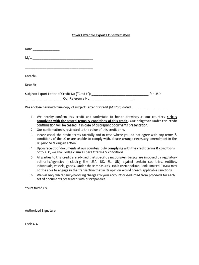 Export LC Confirmation Cover Letter | PDF