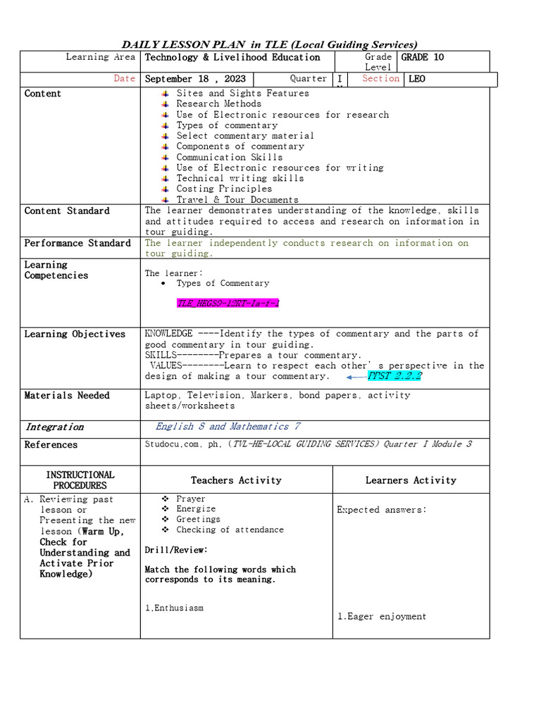 Daily Lesson Plan: Local Guiding Services | PDF | Learning | Information
