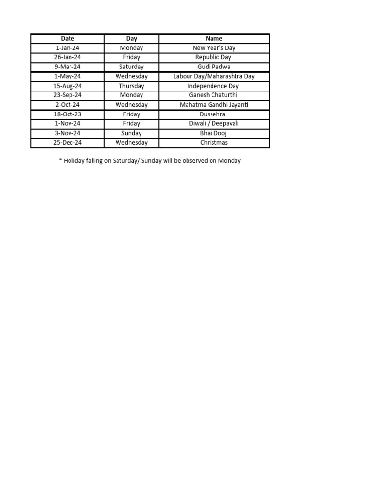 Holiday List 2024 PDF