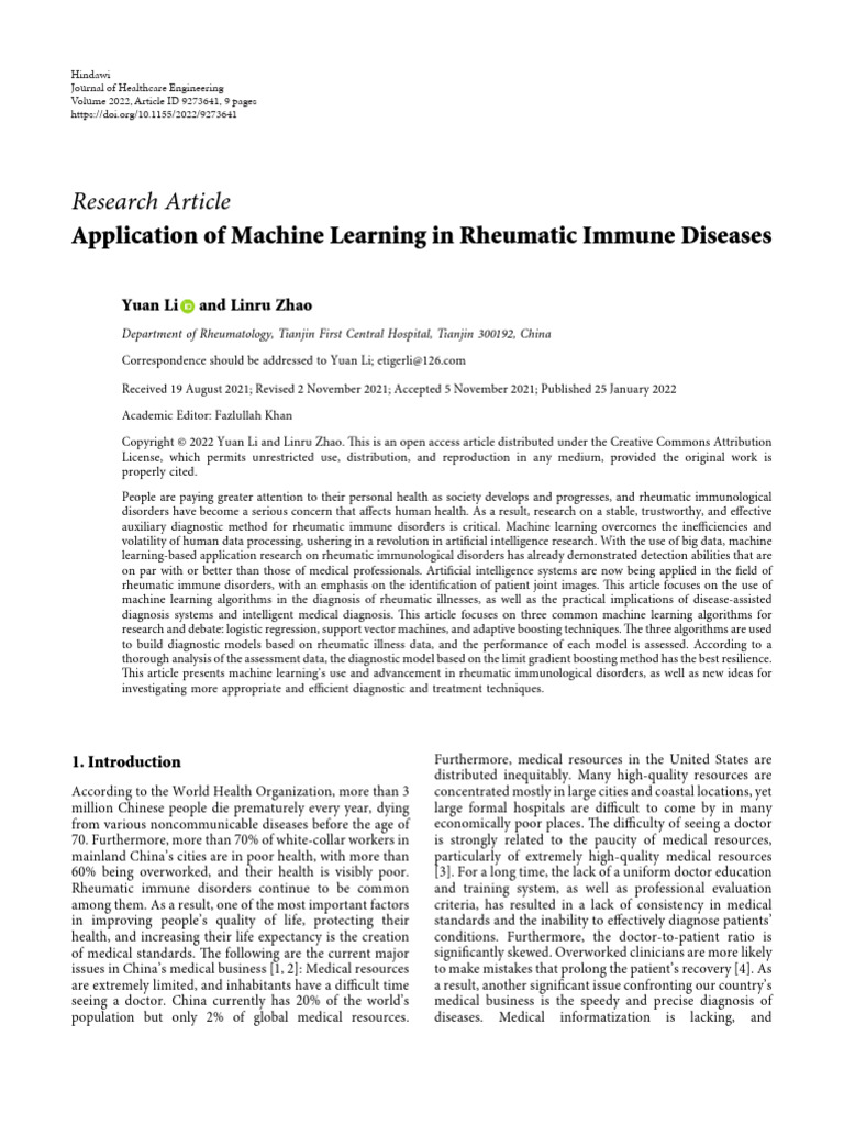 Application of Machine Learning in Rheumatic Immune Diseases | PDF ...