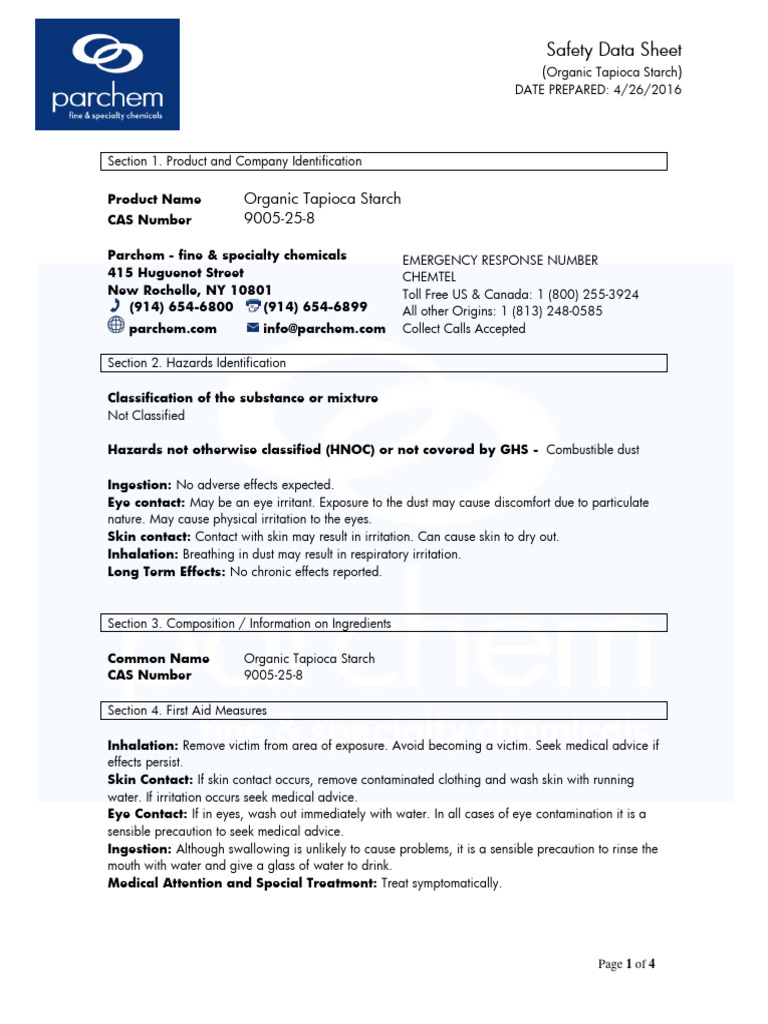GHS Organic Tapioca Starch MSDS Download Free PDF Dangerous Goods