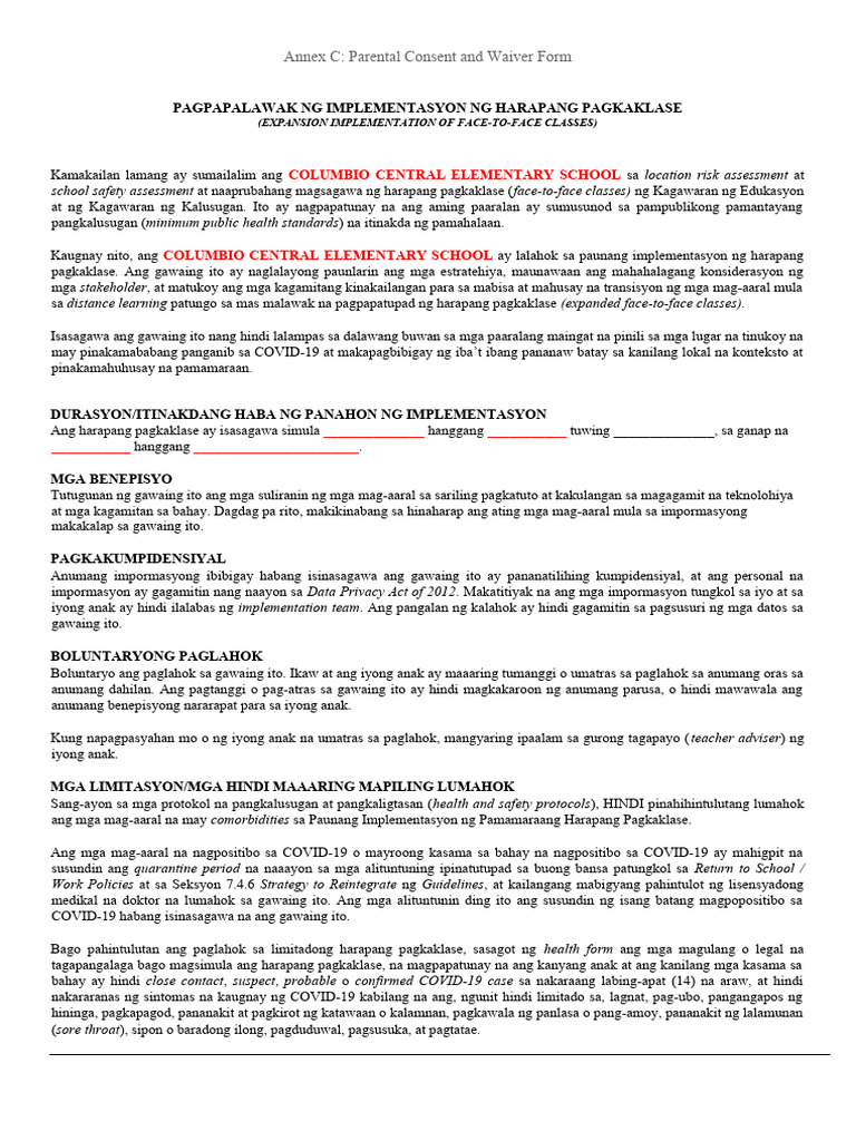 Annex C Parental Consent and Waiver Form | PDF