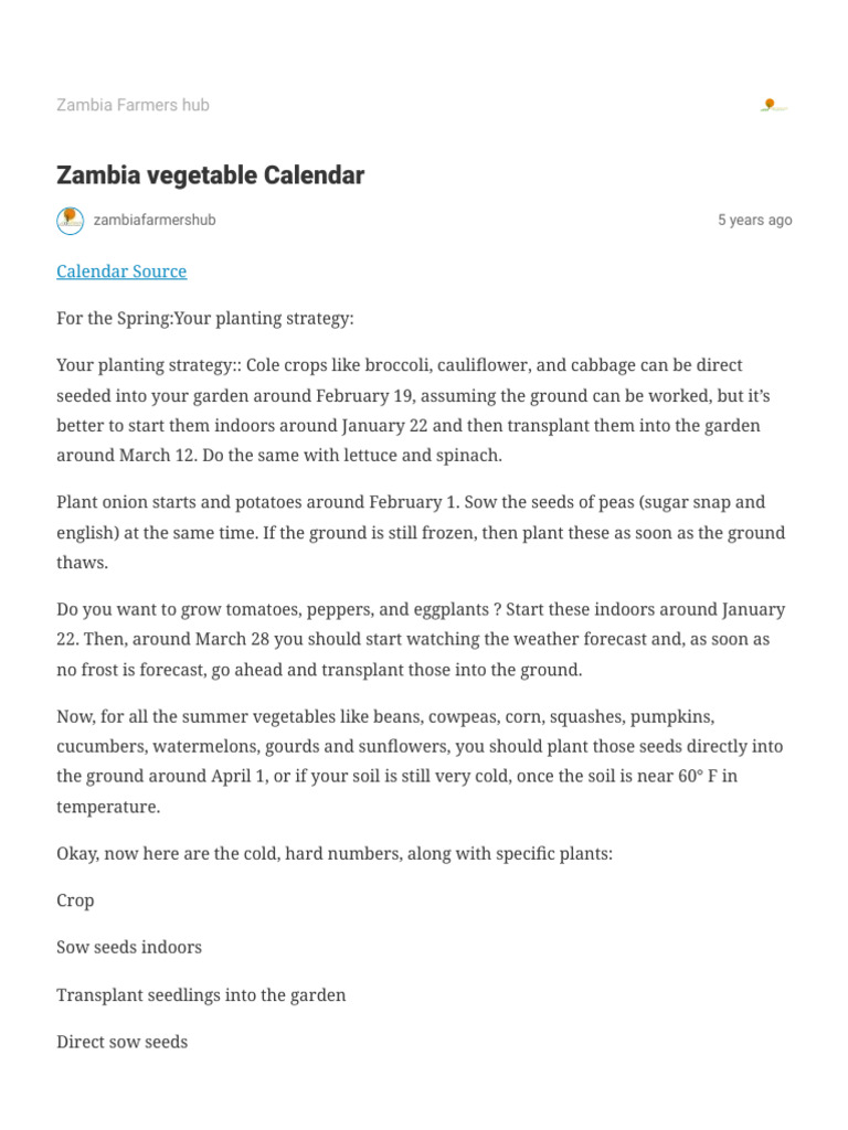 Zambia Vegetable Calendar - Zambia Farmers Hub | PDF | Vegetables | Sowing