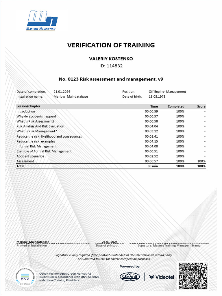 Training Verification: Risk Management Completion | PDF | Risk | Safety