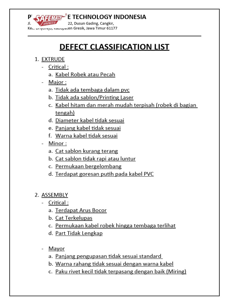 Klasifikasi Defect PT. Safemate Indonesia | PDF | Seni