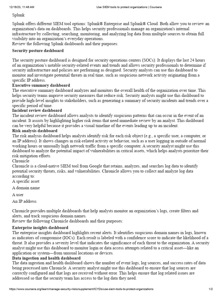 Use SIEM Tools To Protect Organizations - Coursera | PDF | Security ...