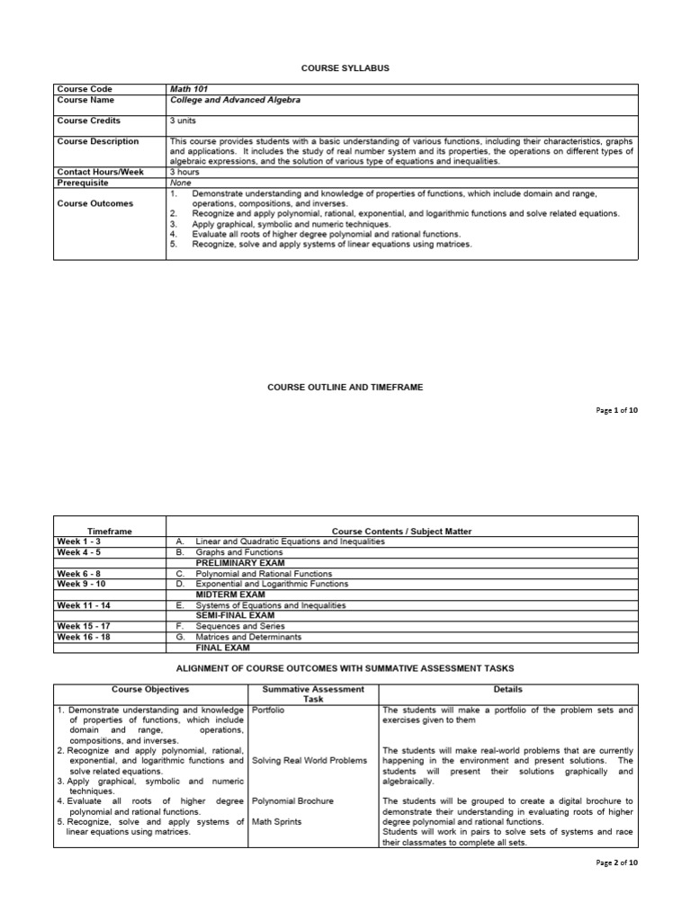 College and Advanced Algebra Syllabus | PDF | Polynomial | Equations