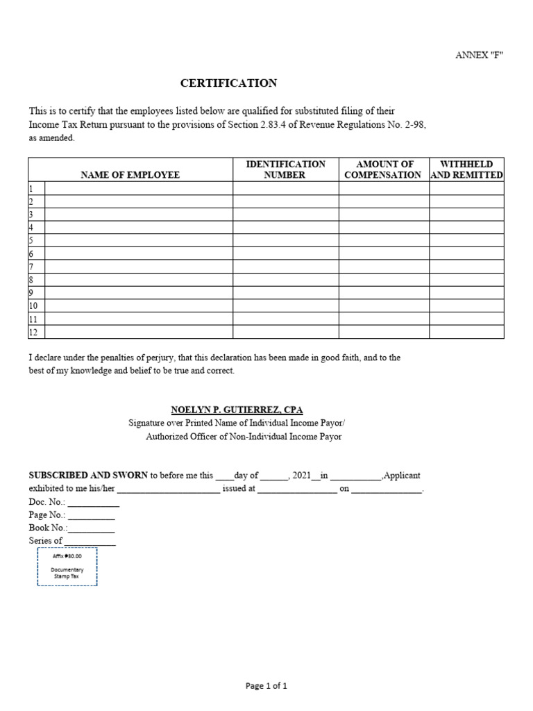Annex F Certification for Tax Filing | PDF